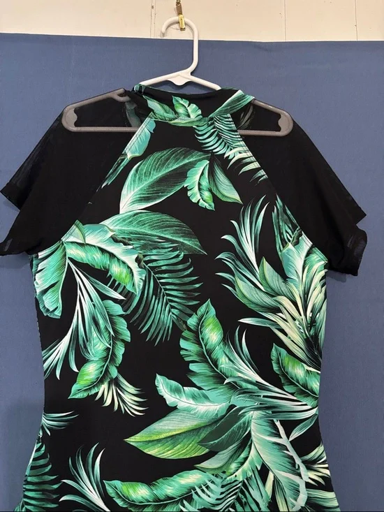 bebe Black Swim Bodysuit with Green Tropical Leaf Print and Front Zip - Picture 3 of 3